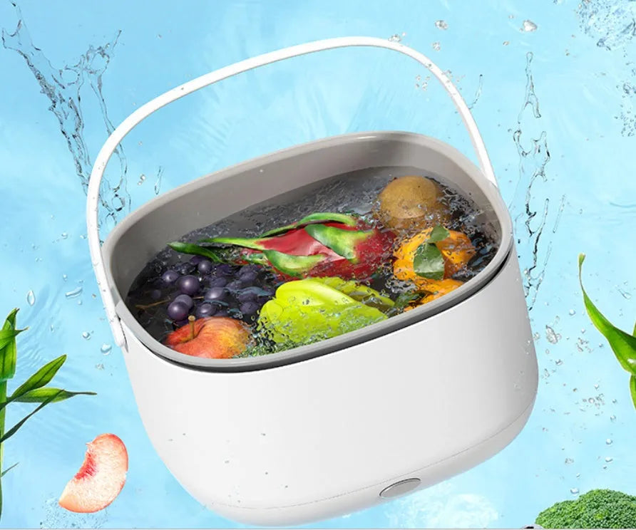 Portable ultrasonic fruit and vegetable washing basket in PP plastic, white body with grey drainage basket