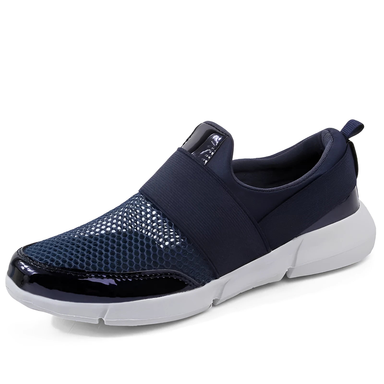 Low-top blue, black, and grey women's sneakers with mesh lining and a lightweight sole.