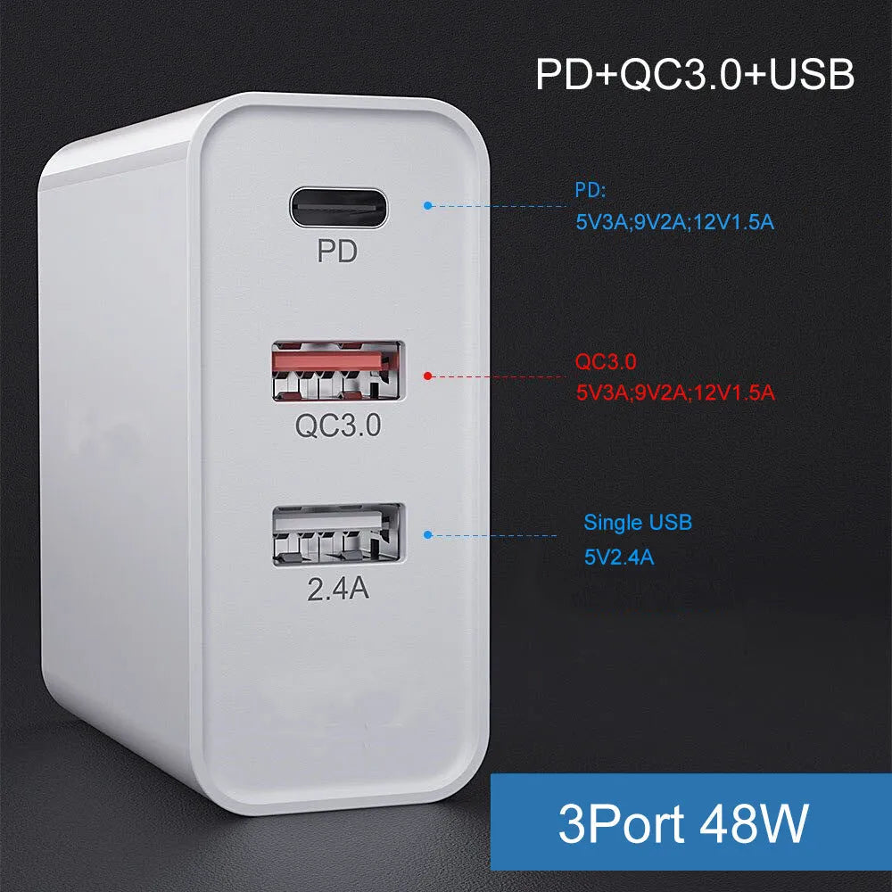 White multi-port fast charge wall charger with UK plug on a table.