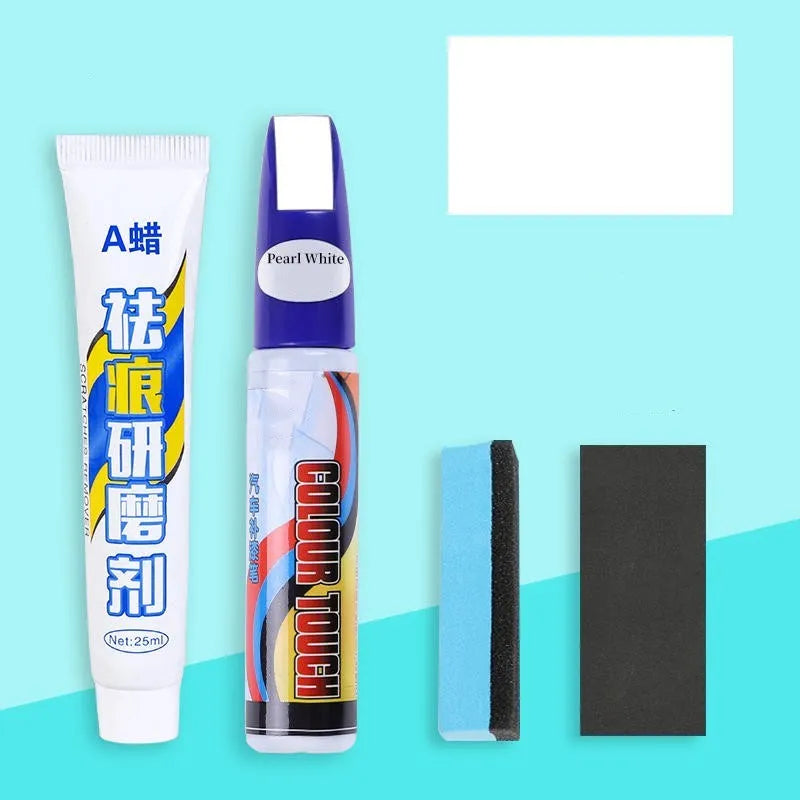 Automotive paint repair pen kit with touch-up paint, wax, sponge and sandpaper for car scratch repair