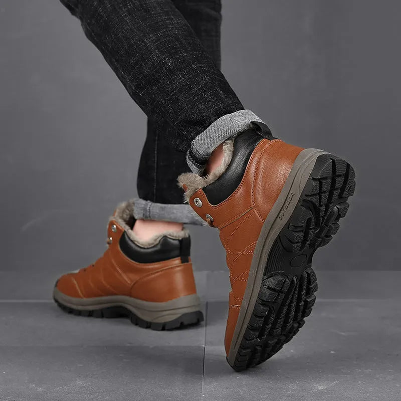 Men's winter boots warm leather shoes black artificial PU upper rubber sole thick plush lining
