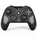 Black wireless game controller with leather-pattern texture on grips, shown next to a Type-C charging cable.