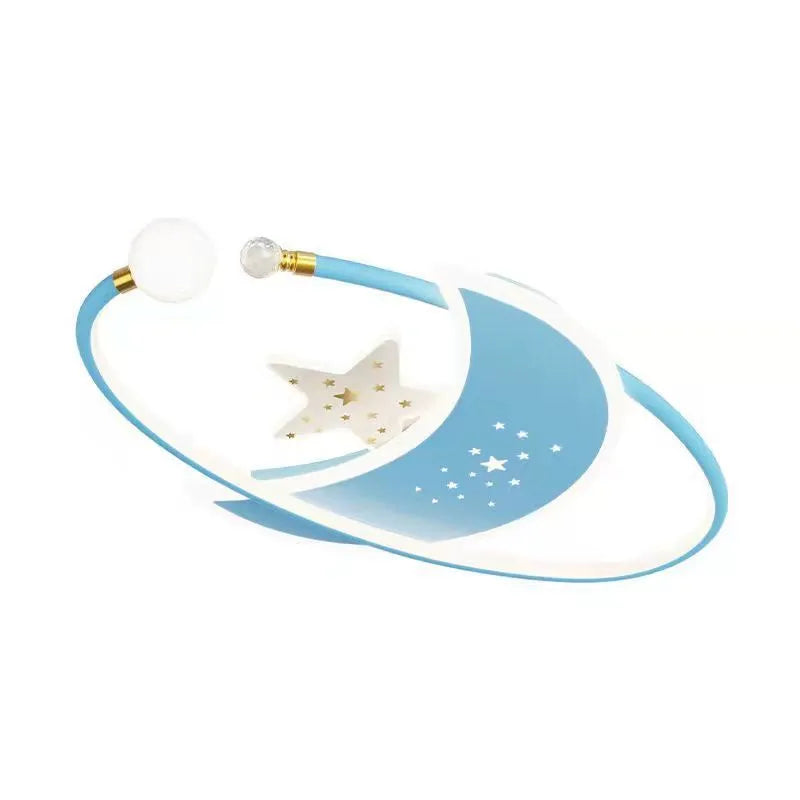 Children's room ceiling lamp with creative moon and cloud design in blue colour on a white ceiling.