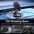 Chrome magnetic car phone holder with foldable bracket and 360-degree swivel on a car dashboard