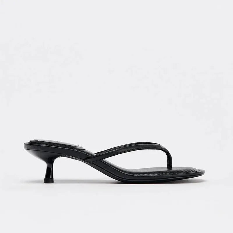 Khaki women's mid-heel sandals with a round toe and flip-toe design on a rubber sole.