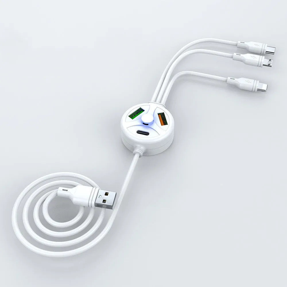 White PD fast charge cable with USB-A plug and three connectors: TYPE-C, Micro USB, and Mini USB.