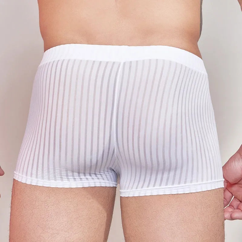 Men's low-rise striped boxer shorts in thin nylon fabric, shown in black.