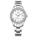 Silver Fashion Girl quartz watch with diamond bezel and round dial on wrist.