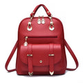 Women's PU leather dual-use backpack in black, flat lay view showing front and strap