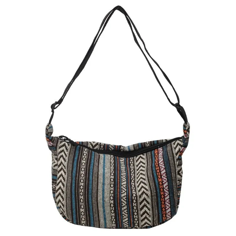Women's ethnic style dumpling-shaped crossbody bag in canvas material with decorative sewing details
