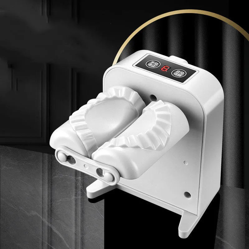 White electric dumpling maker machine with USB charging cable and accessories