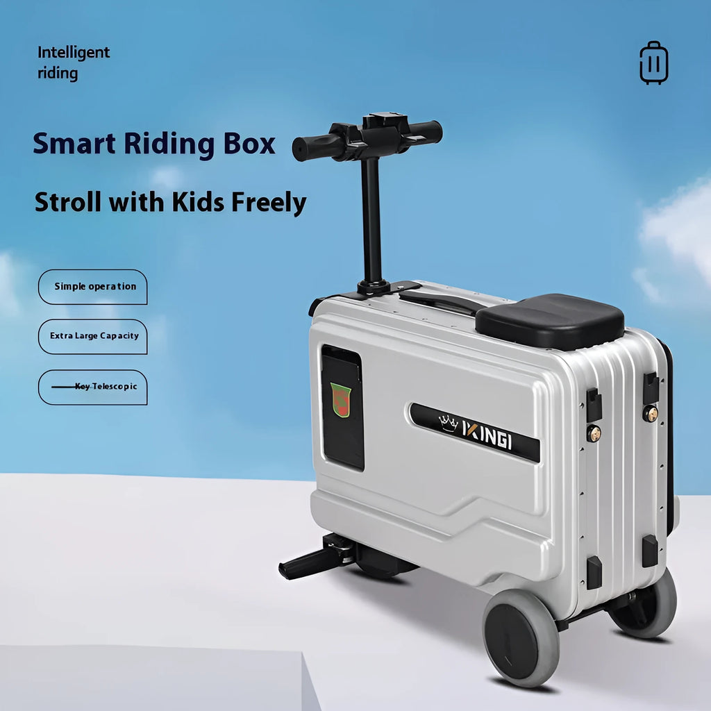 Multifunctional smart boarding bag riding suitcase in advanced silver with aluminium magnesium frame and single-directional wheels