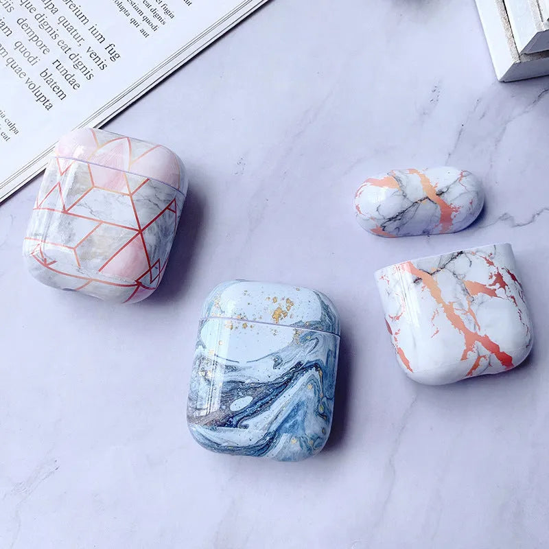 Hard white marble protective case for Apple AirPods 1 and 2 charging box.