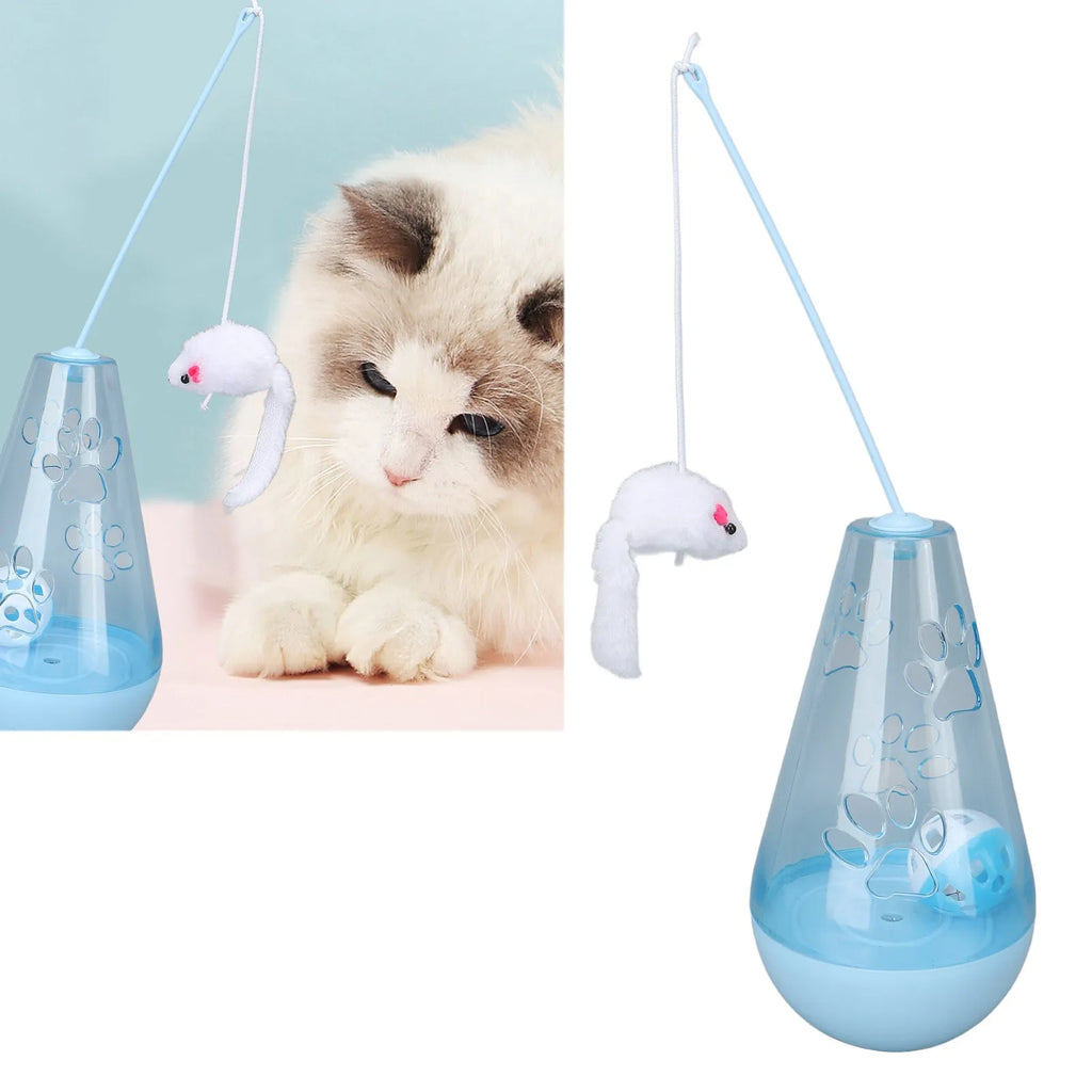 Blue and yellow cat toy with bell ball and treat dispenser plus plush mouse wand on white background