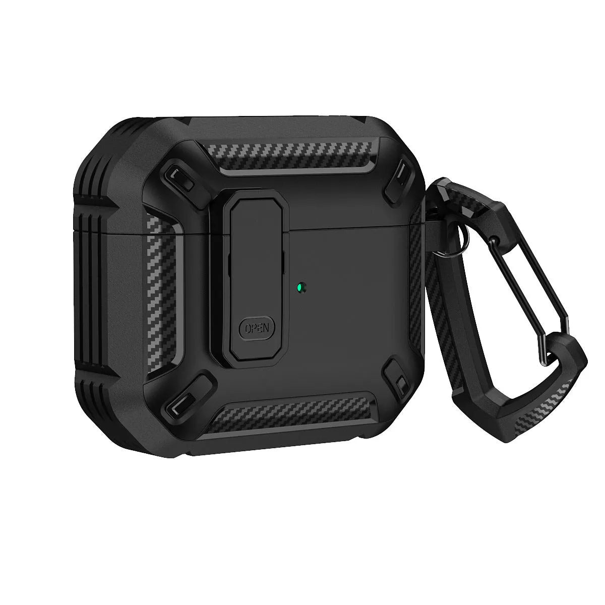 Clamshell plastic protective case for AirPods in two-colour Black and Yellow design with a metal hook attached.
