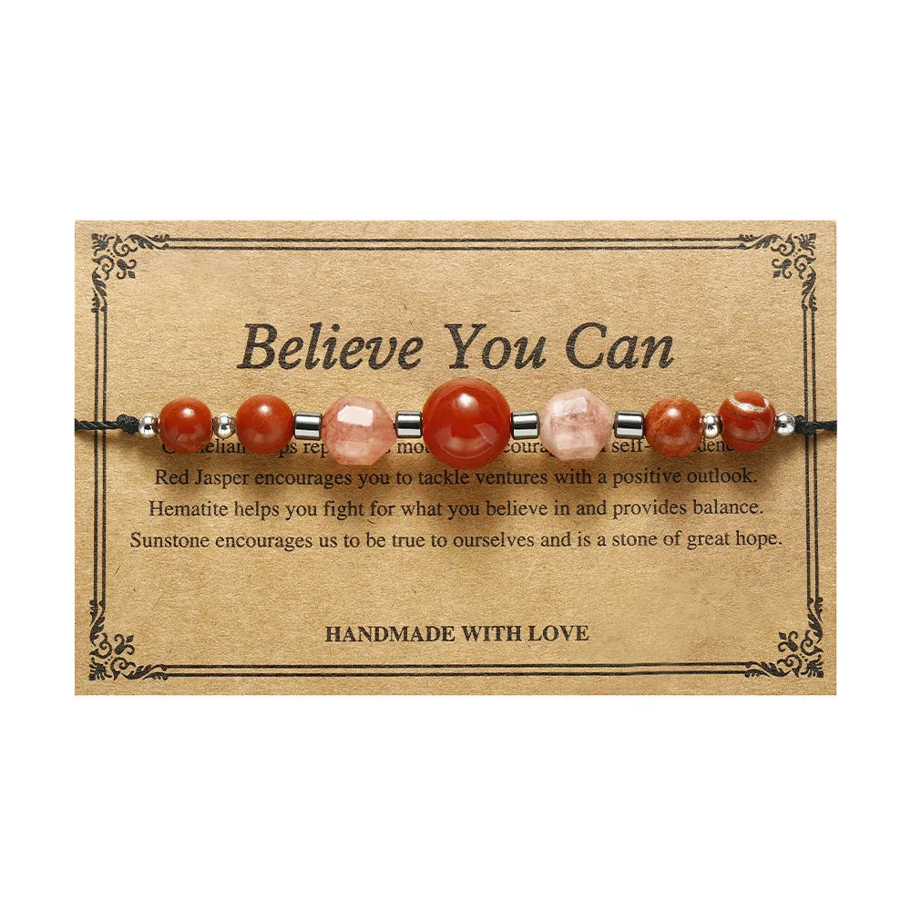 Handmade red geometric bracelet with sunstone, redstone, and copper beads.