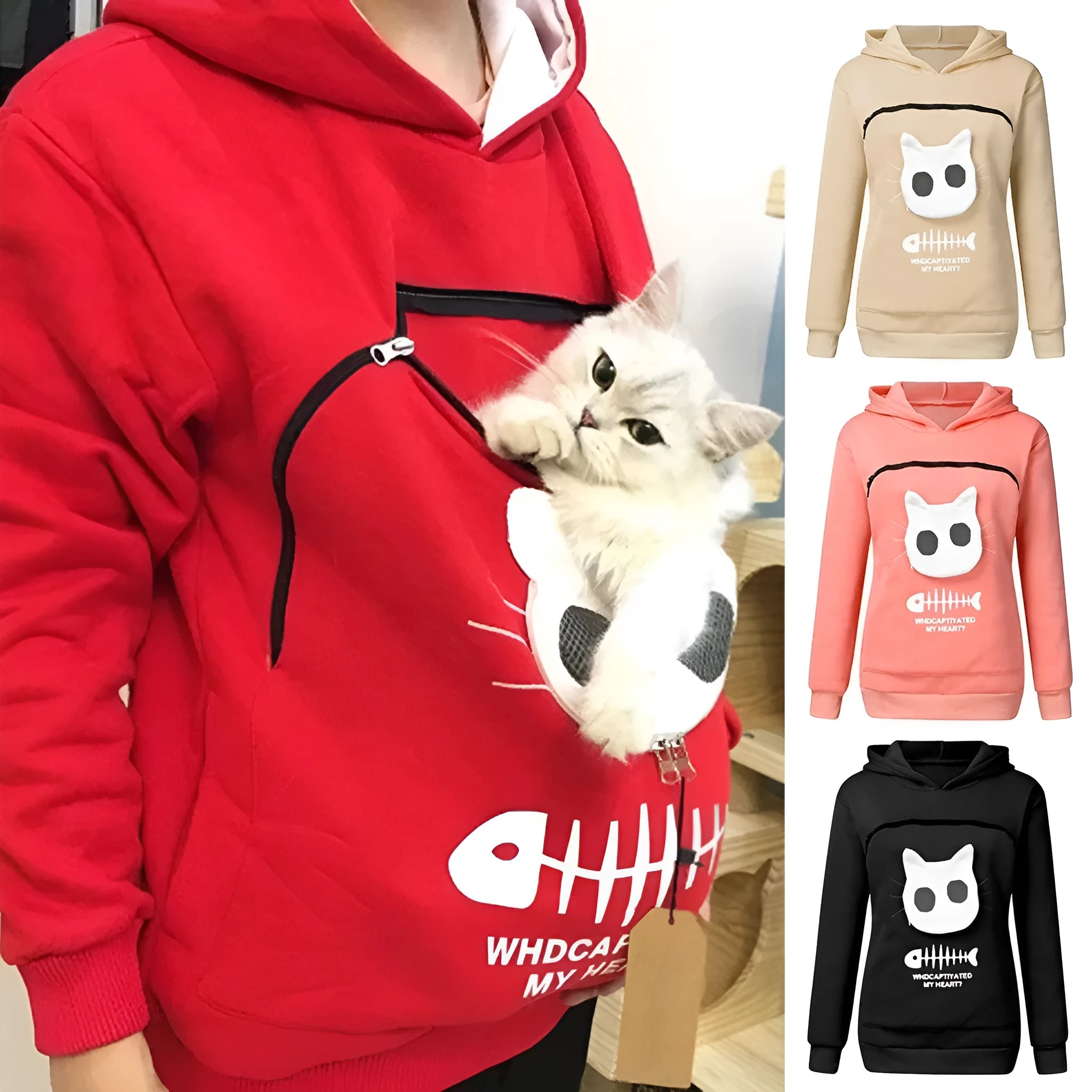Women hoodie sweatshirt with cat pet pocket design, long sleeve cotton sweater in beige colour