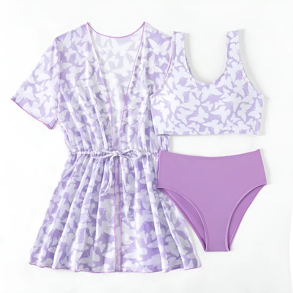 Girls' three piece split swimsuit set in colour 3218, showing coat, vest, and trousers.