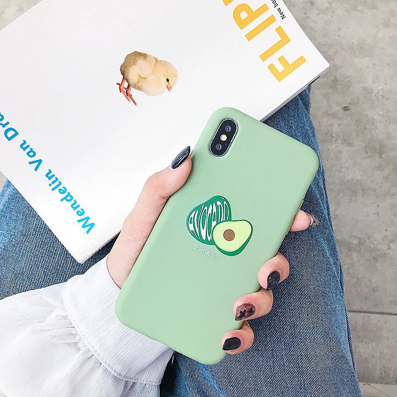 A green TPU phone case for Apple iPhone featuring a cartoon illustration of a smiling avocado.
