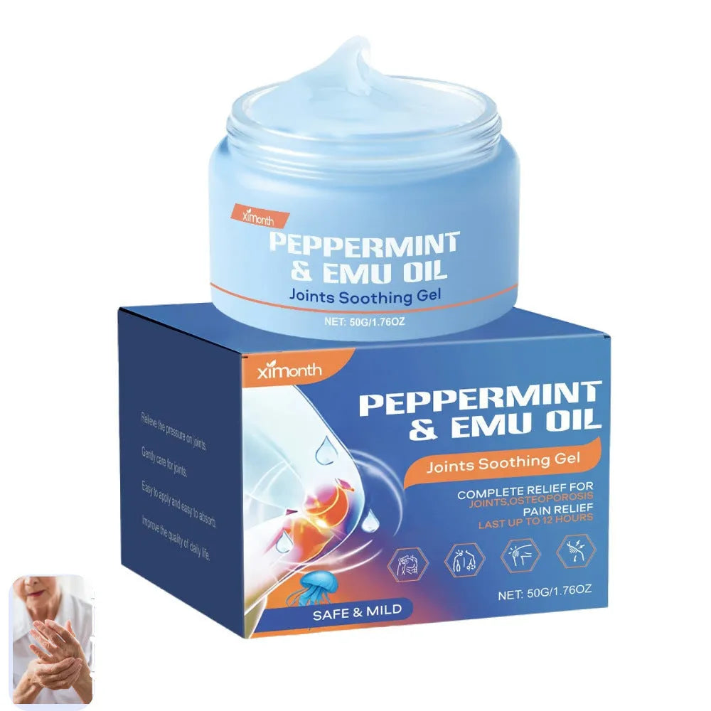 50g tube of joint soothing gel with menthol, mint leaf, and emu oil formula.