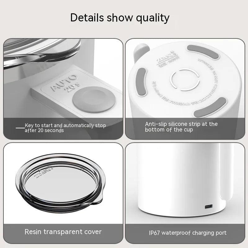 White automatic stirring coffee cup with magnetic base and 360ml capacity shown on a desk.