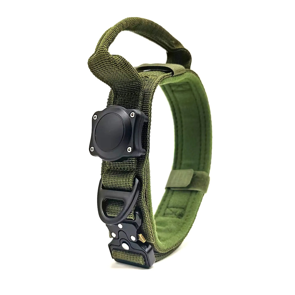 Tactical waterproof dog collar with positioning ring in Army Green, Black, or Khaki colours