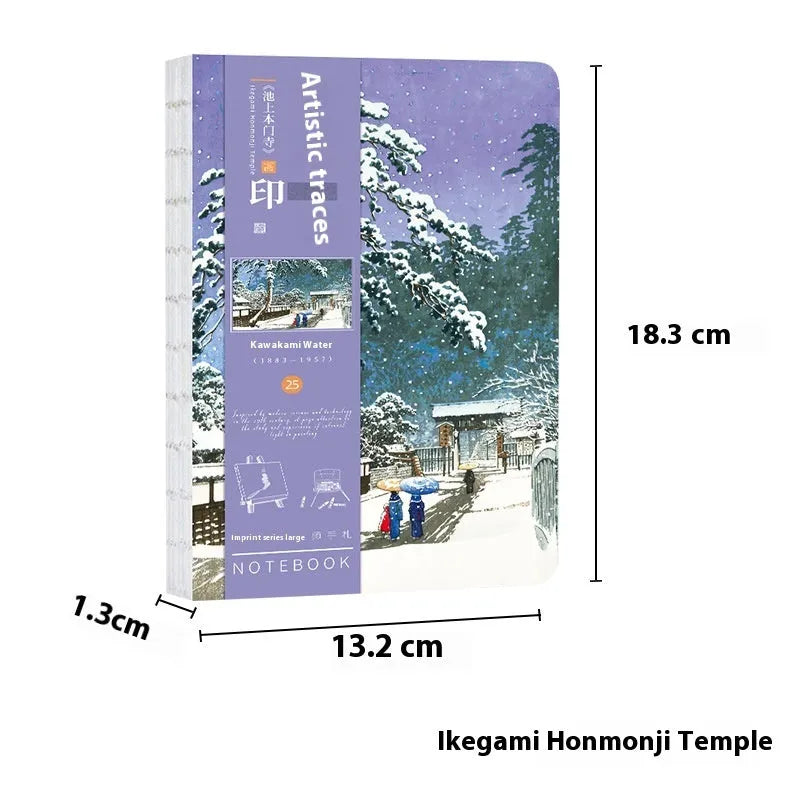 Ukiyo-e Kanagawa wave art cover hand ledger notebook open on a table.