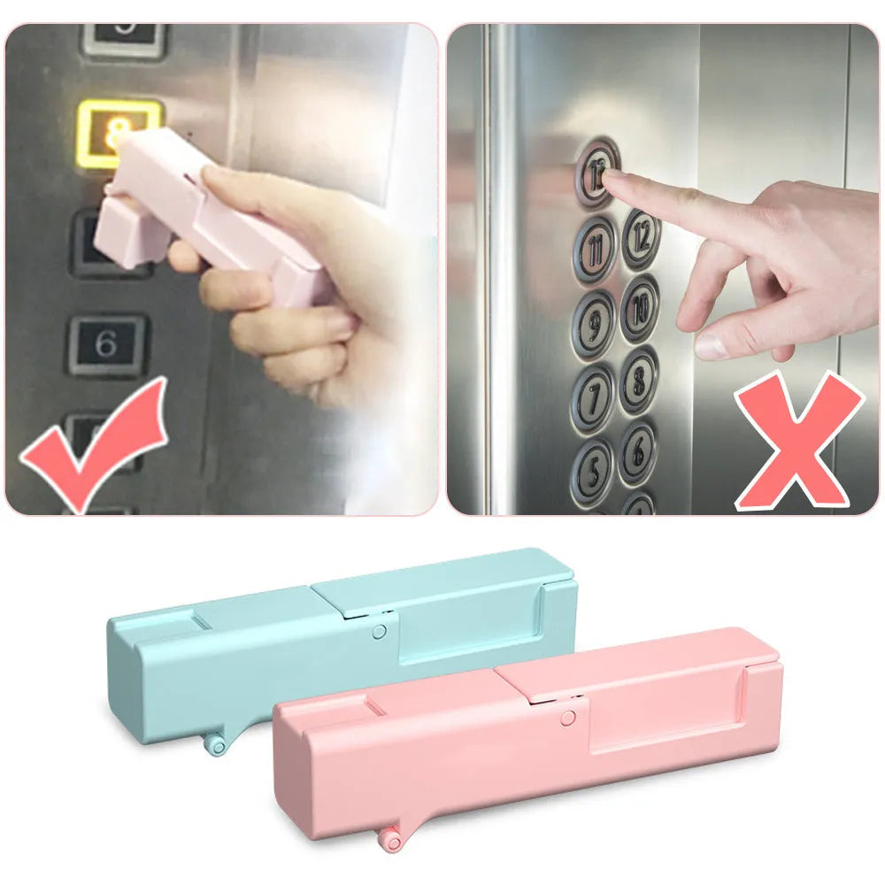 Plastic door opening tool for avoiding direct contact with public surfaces, blue colour, compact size 11.5 x 2.5 x 3 cm