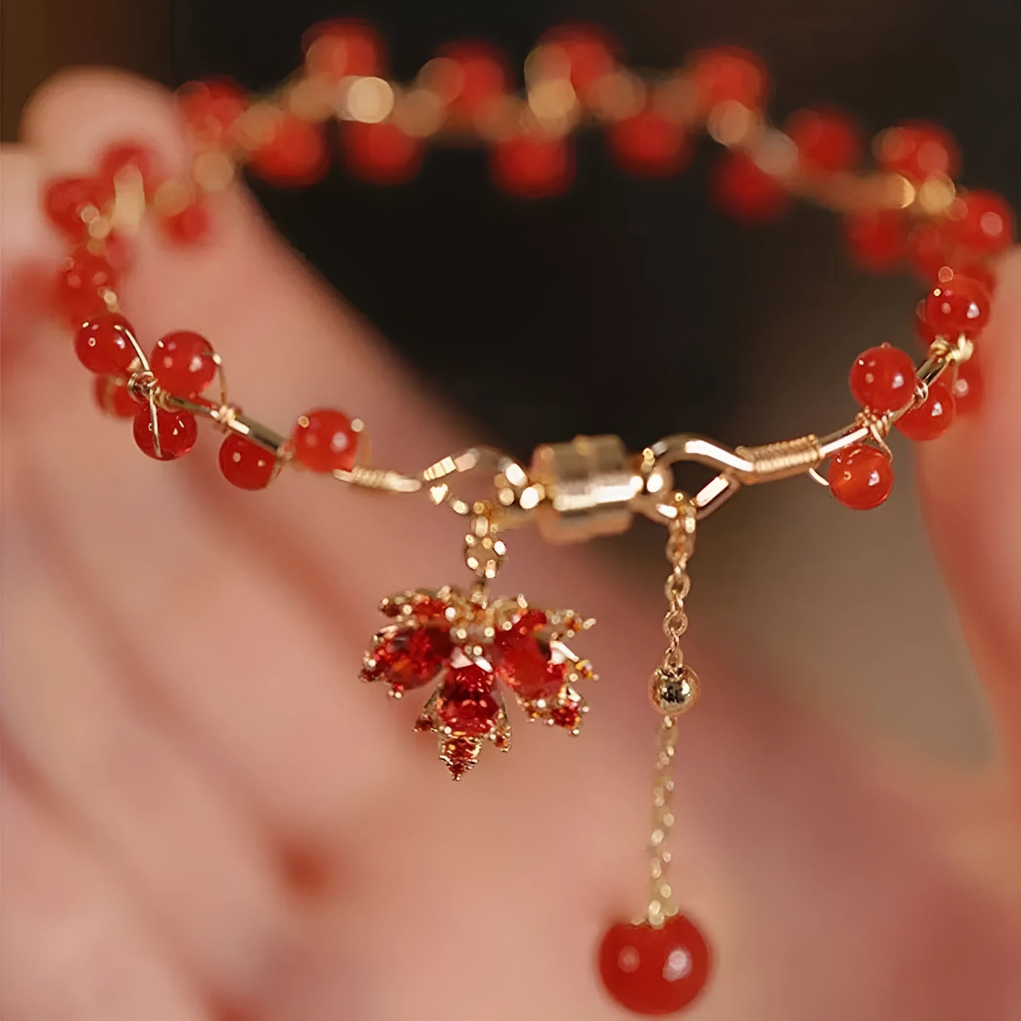 Red ginkgo leaf Chinese style magnetic bracelet with maple leaf girl design and electroplated alloy construction