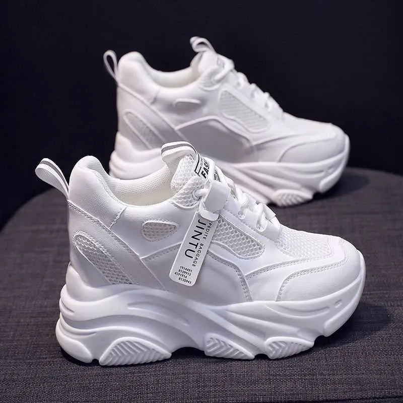 Women's black mesh platform casual shoes with hollow-out design and a velvet lining.