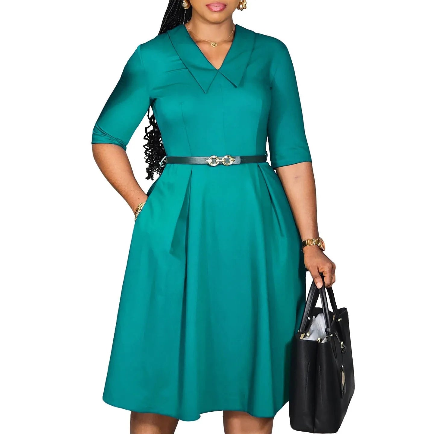 Women's solid colour African dress with half sleeves, high waist, and a matching belt.