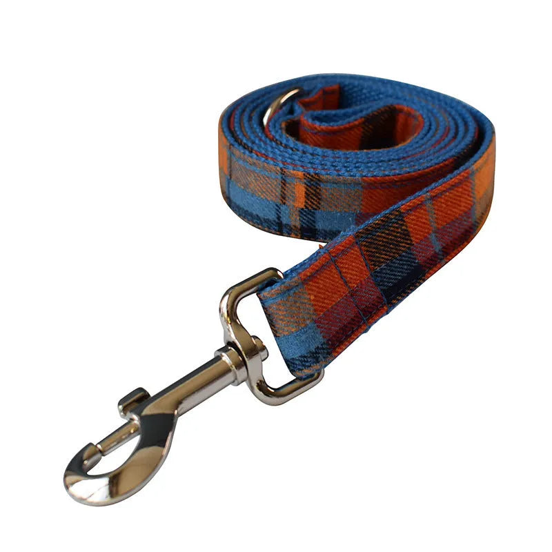 Blue plaid velvet dog collar with alloy buckle and bow decoration on cotton material