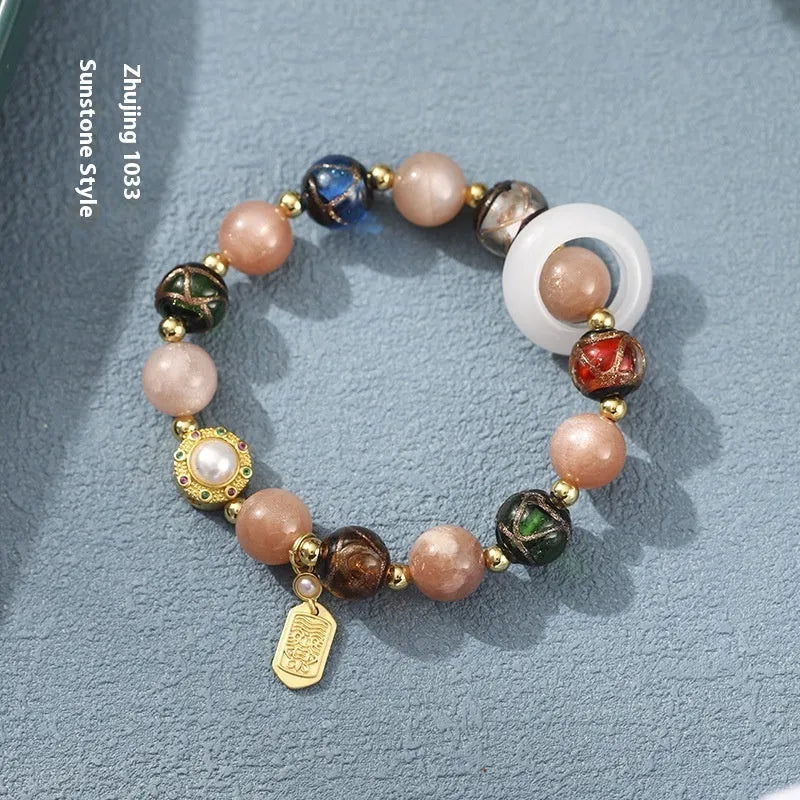 Hand-woven bracelet with fragrant gray glaze beads, sunstone and white lip shell beads