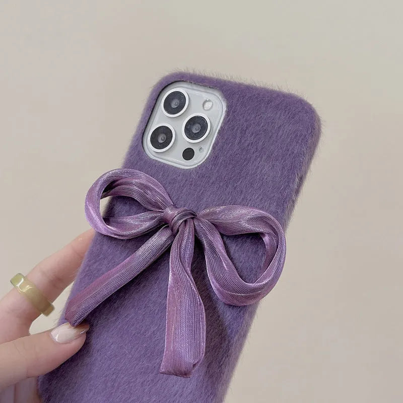 Purple Korean style silk bow plush phone case for Apple iPhone with fall protection