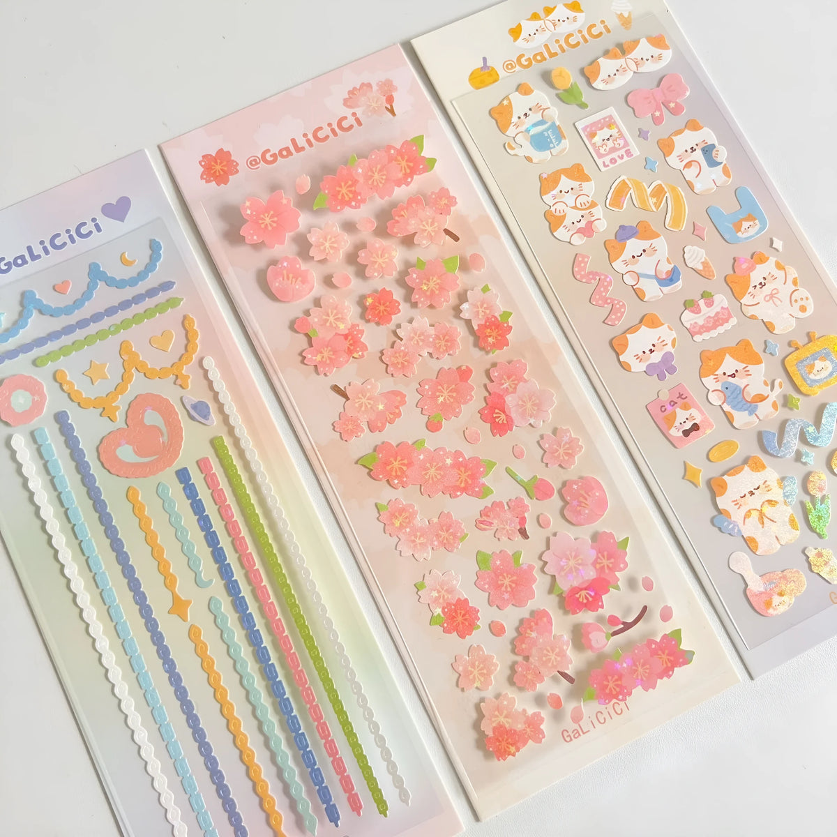 Cat cherry blossom decorative laser sticker, 03 chain sticker, 6.5 x 18cm, thin glittering five-pointed star effect