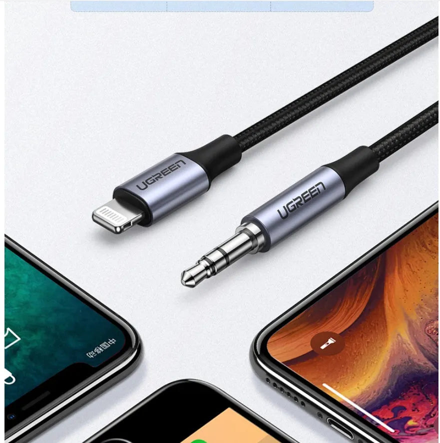 Black Apple Lightning to 3.5mm audio cable with braided TPE coating and aluminium connectors for car use.