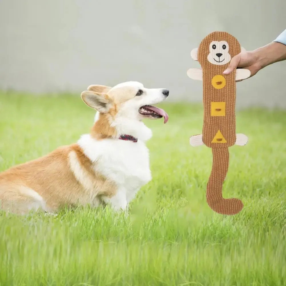 Plush dog chew toy shaped like a fox with squeaker and treat pockets, 47cm long