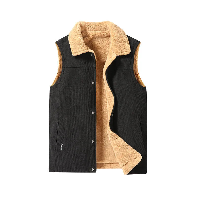 Men's corduroy flip collar jacket in army green, side view, showing fabric texture and collar detail