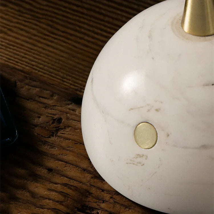 Glass lampshade desk lamp with touch dimming control on wooden surface