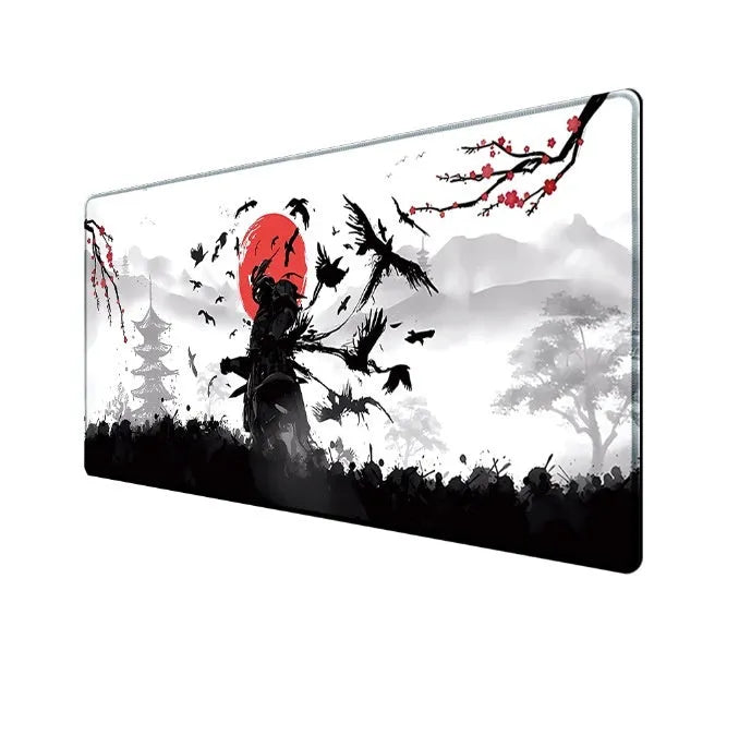 Japanese samurai artwork gaming mouse pad on a desk with a computer mouse