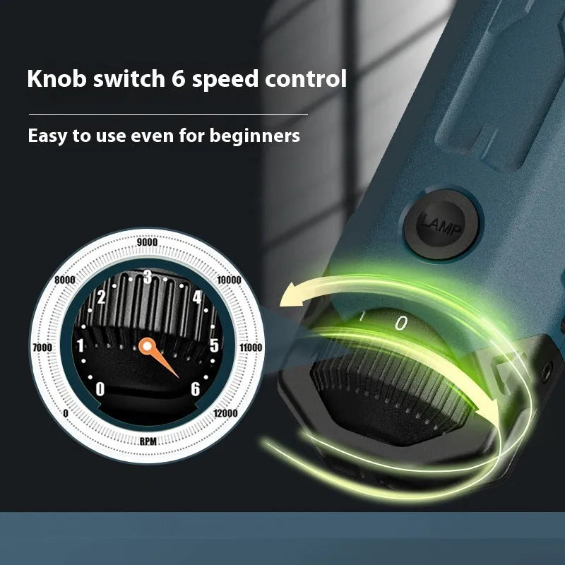 Dark blue USB-powered pet nail grinder with LED light and rotary speed control knob