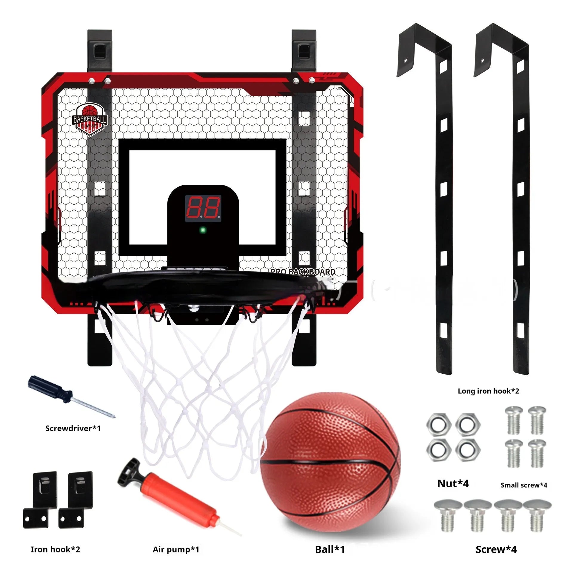 Red and blue foldable basketball frame toy with suction cups and hook shown in dunk scoring and folded ball rack positions.