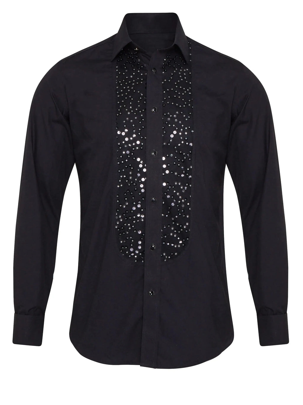 Black casual shirt with statement sequin detail, regular fit, polyester, long sleeves, front view