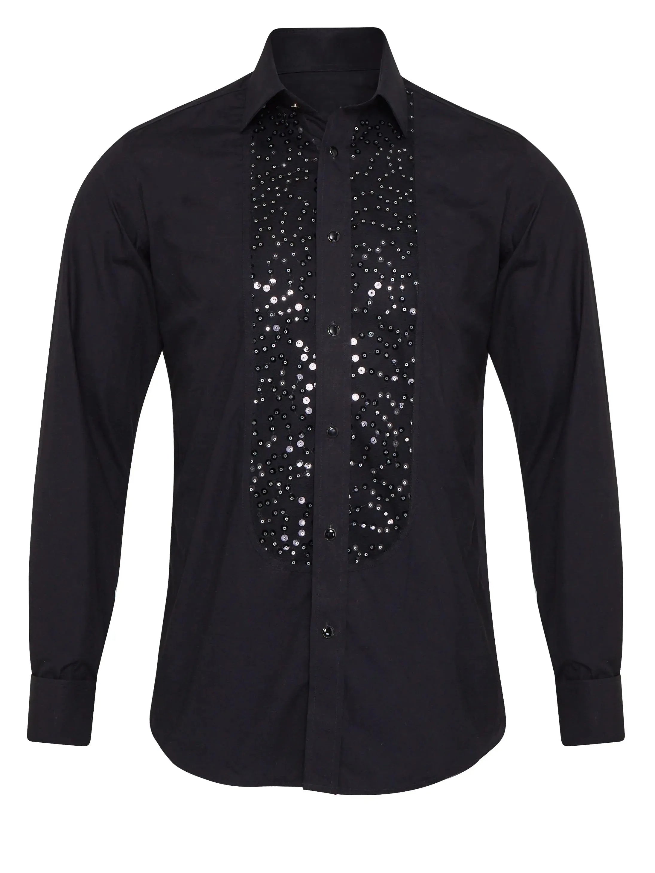 Black casual shirt with statement sequin detail, regular fit, polyester, long sleeves, front view