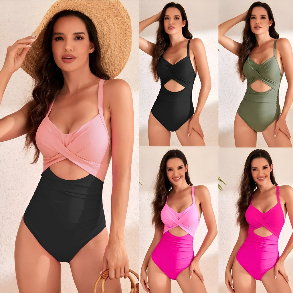 Women's high waist solid colour one-piece swimsuit in spandex with hollow design detail