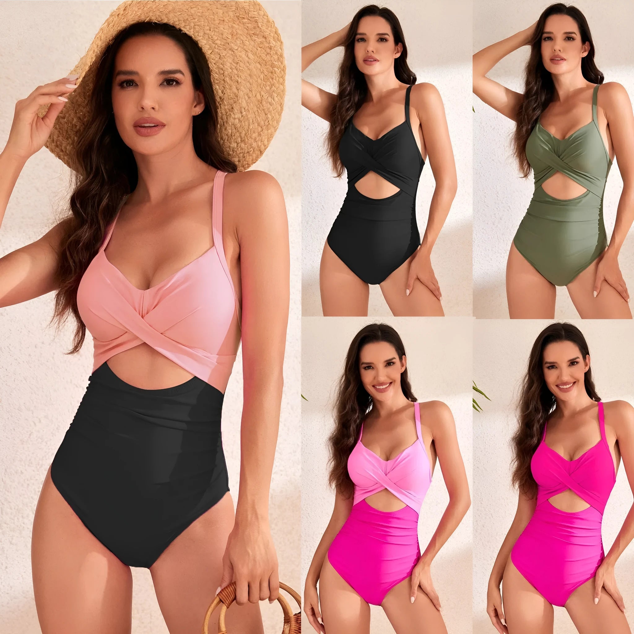 Women's high waist solid colour one-piece swimsuit in spandex with hollow design detail