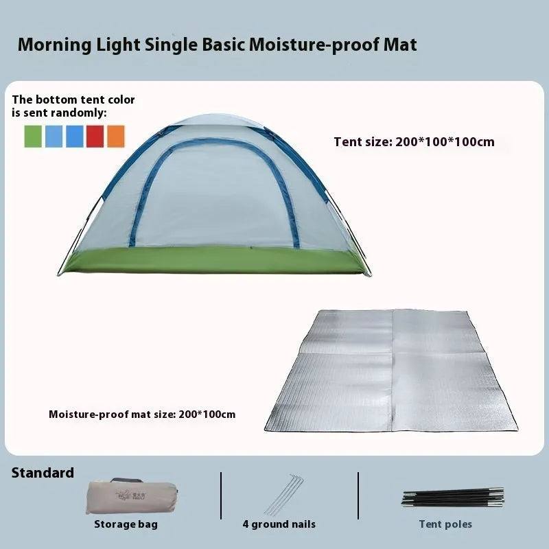 Single person manual camping tent unfolded showing interior space, with optional ground pad.
