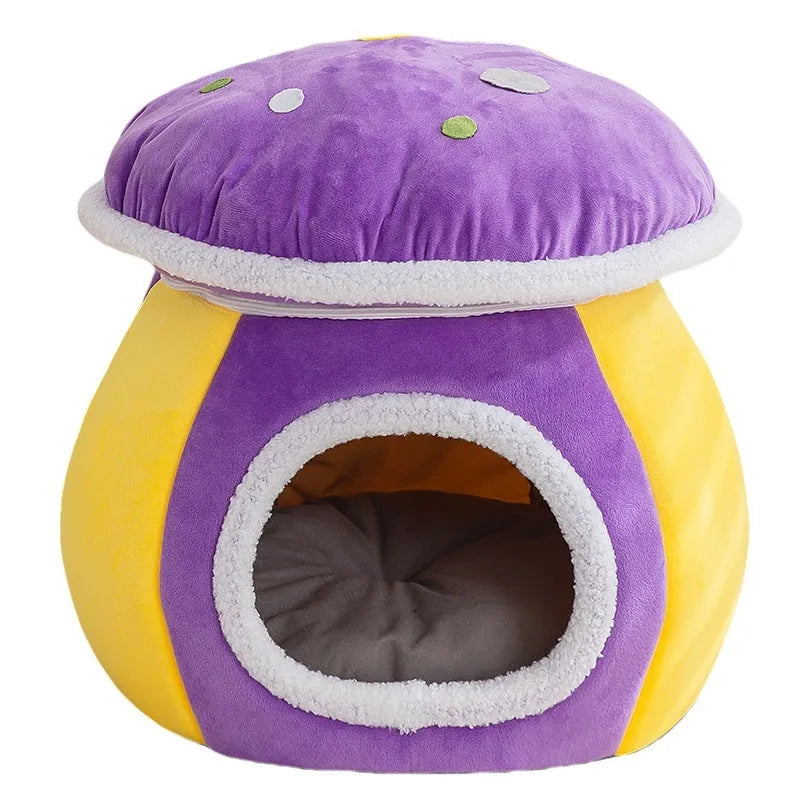 Grey mushroom-shaped plush cat bed with high walls and a detachable thermal blanket inside.