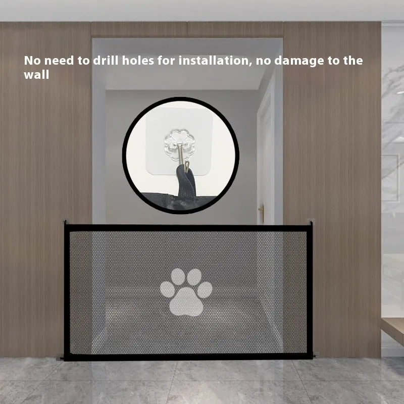 Folding dog safety barrier net fence with pet doorsill design and plastic rod support