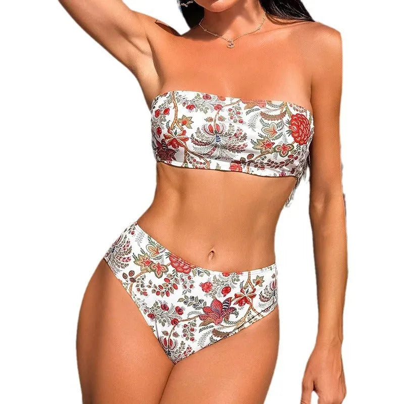 Women's printed bandeau triangle swim top and matching shorts set on a neutral background.